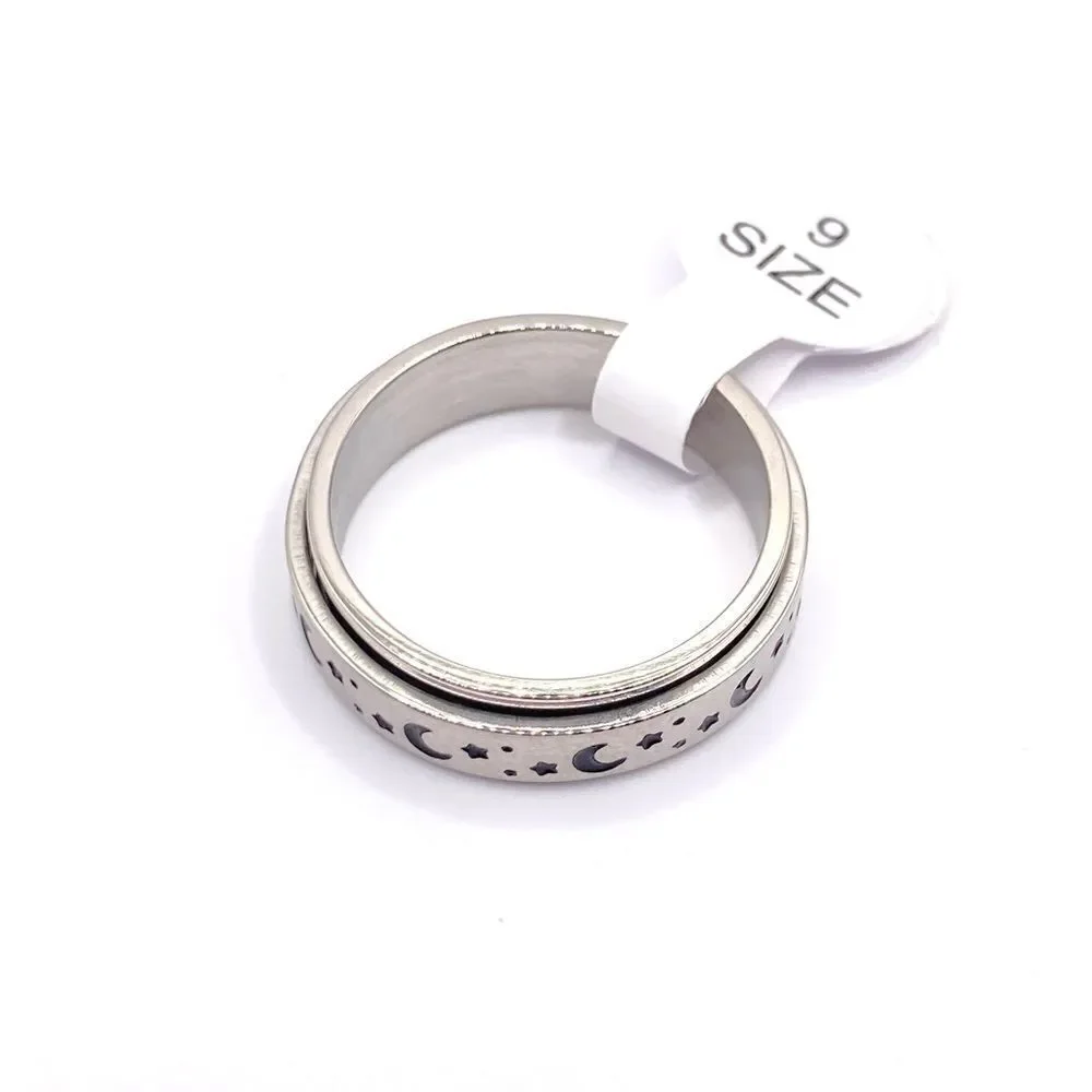 Anti Anxiety Stainless Steel Silver band Moon and Star Fidget Ring Size 9